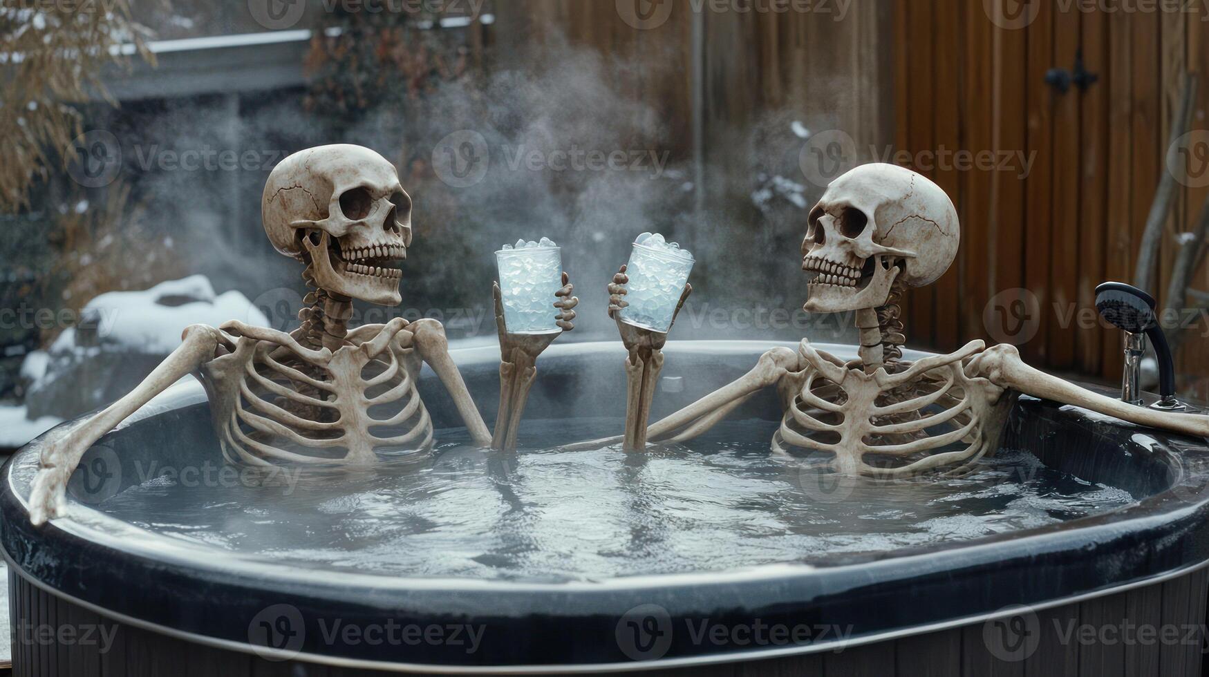 Two skeletons enjoying drinks in a steaming hot tub outdoors. photo