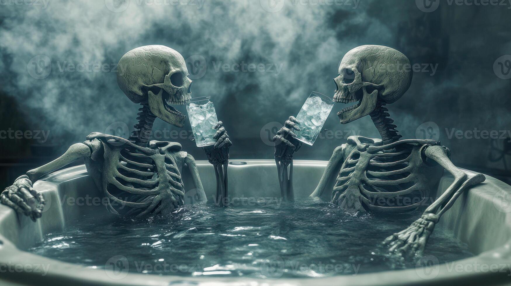 Two skeletons enjoying drinks in a jacuzzi, creating a quirky atmosphere. photo