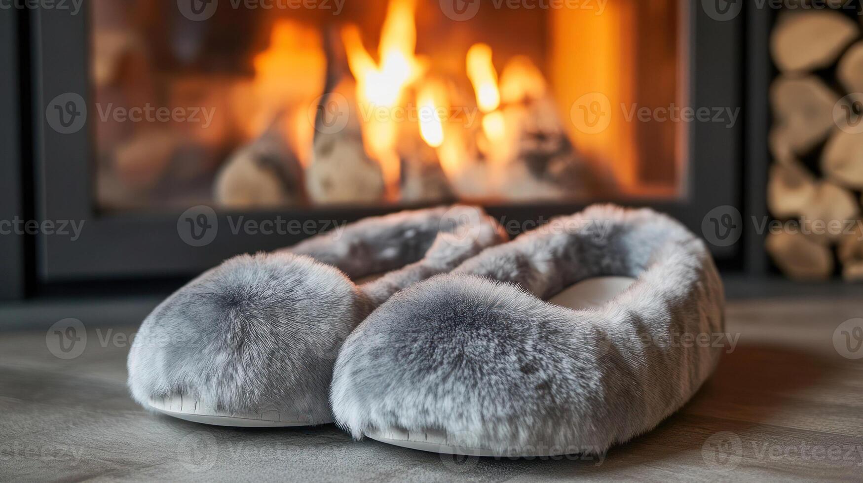 Cozy grey slippers near a warm fireplace, enhancing home comfort. photo