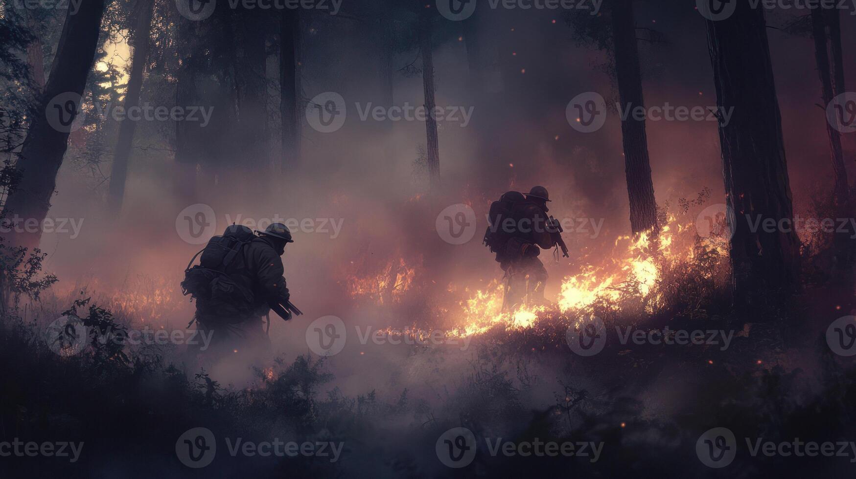 Soldiers navigating through a smoky forest engulfed in flames. photo