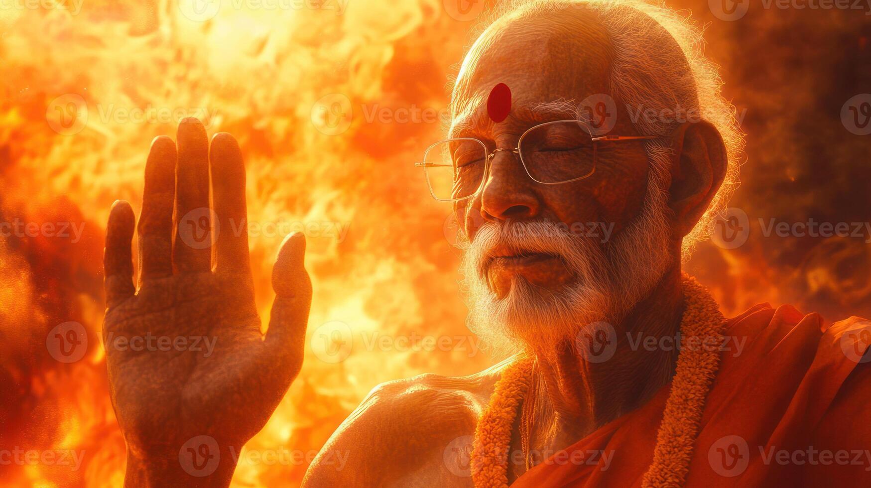 A serene elderly man in a meditative pose surrounded by flames. photo