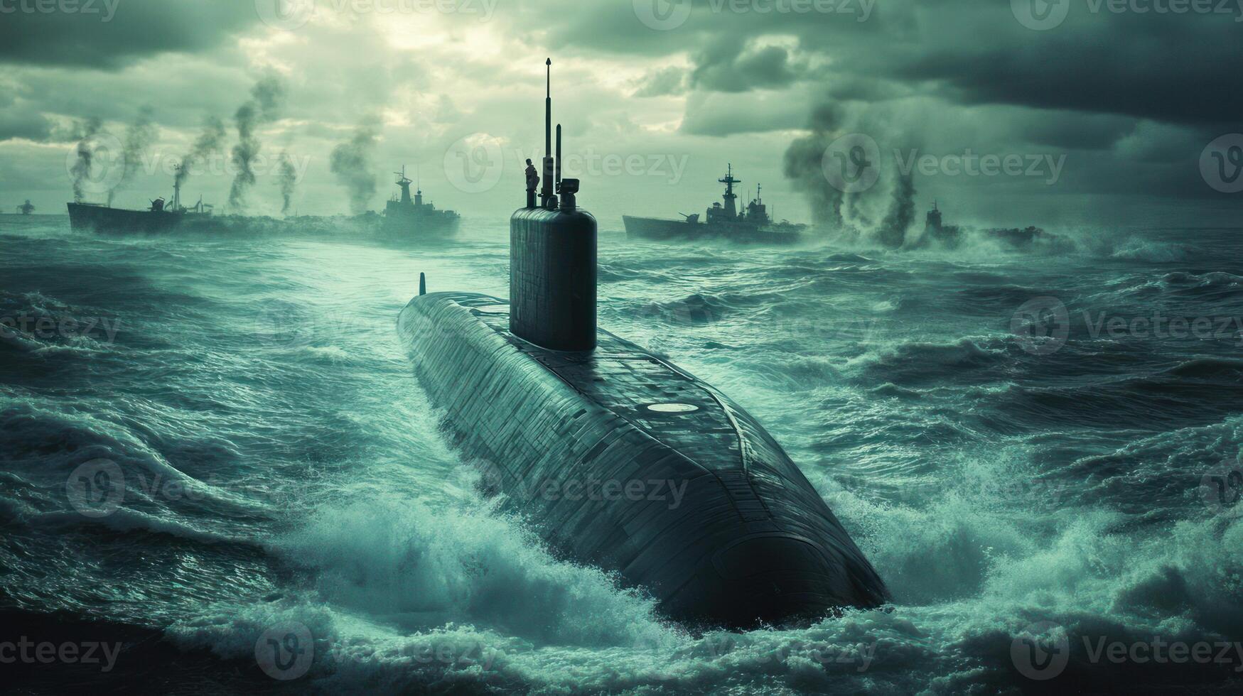 A submarine navigates turbulent waters amidst a stormy naval backdrop. photo