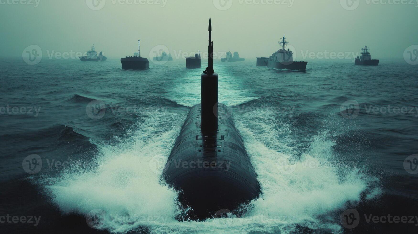 A submarine navigating through a foggy ocean with ships in the background. photo