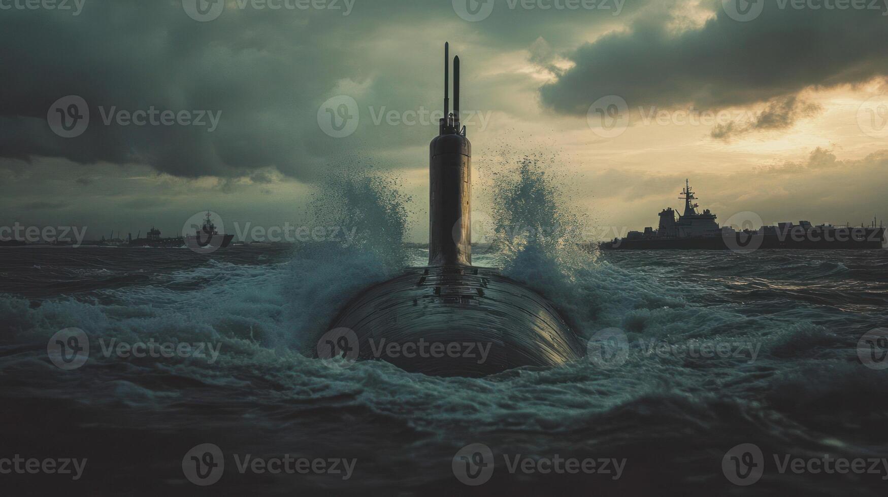 A submarine cuts through turbulent waters at sunset, amid a dramatic sky. photo