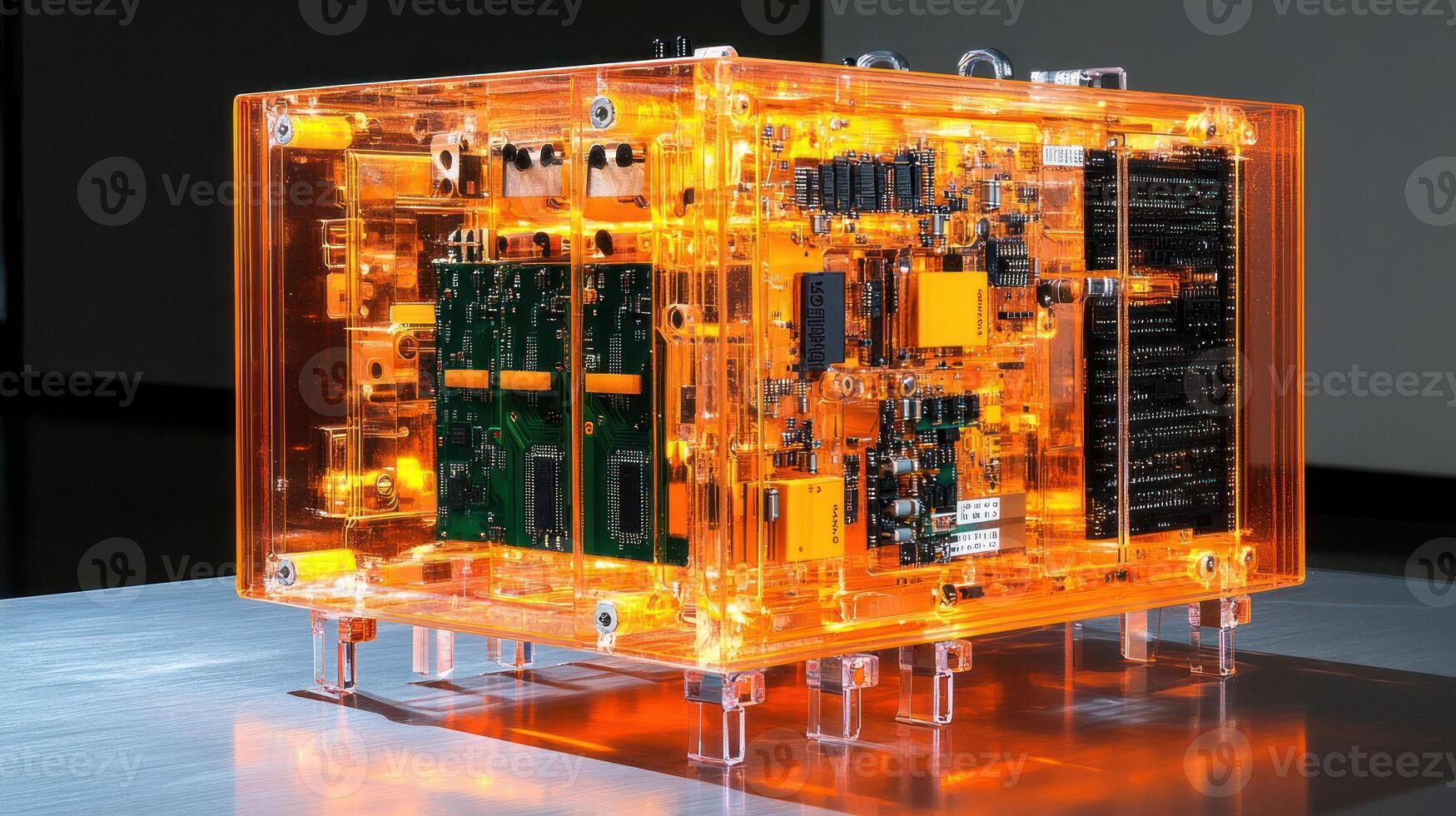 A vibrant, transparent electronic device showcasing intricate circuitry. photo