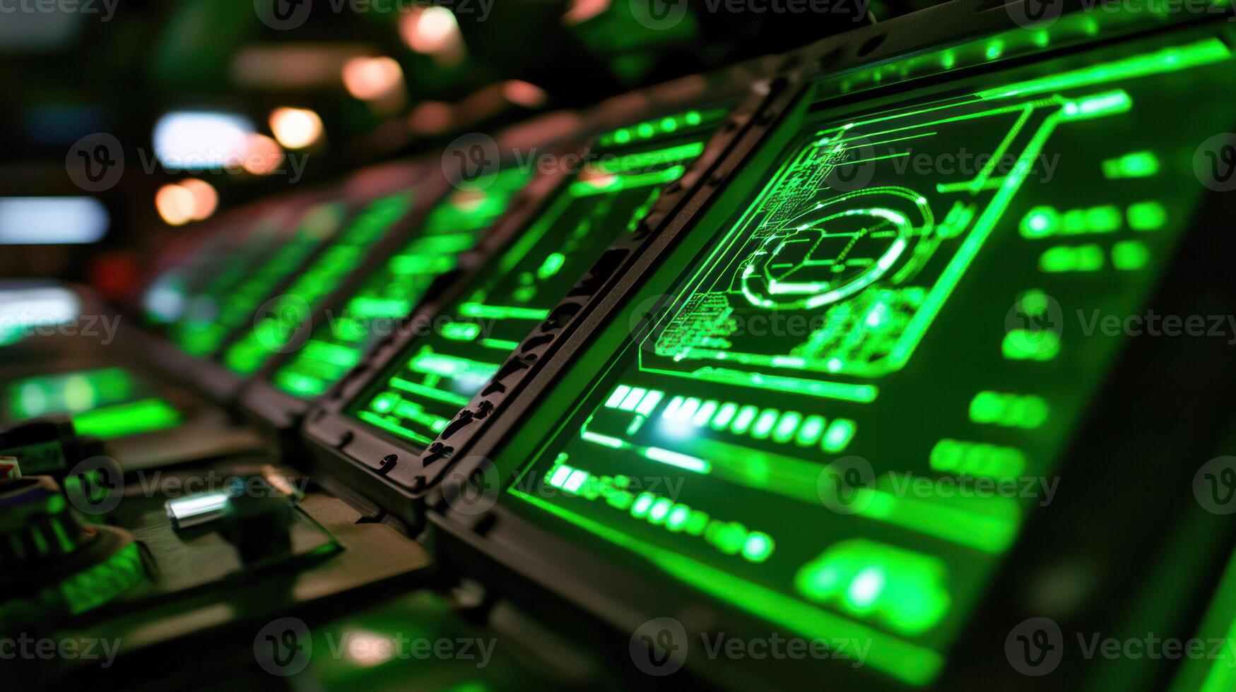 Futuristic control panel with glowing green screens and technology. photo