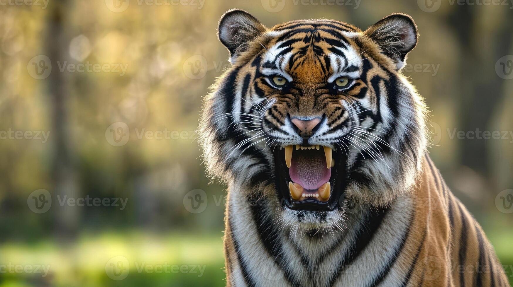 A fierce tiger roaring amidst a natural, serene background. photo