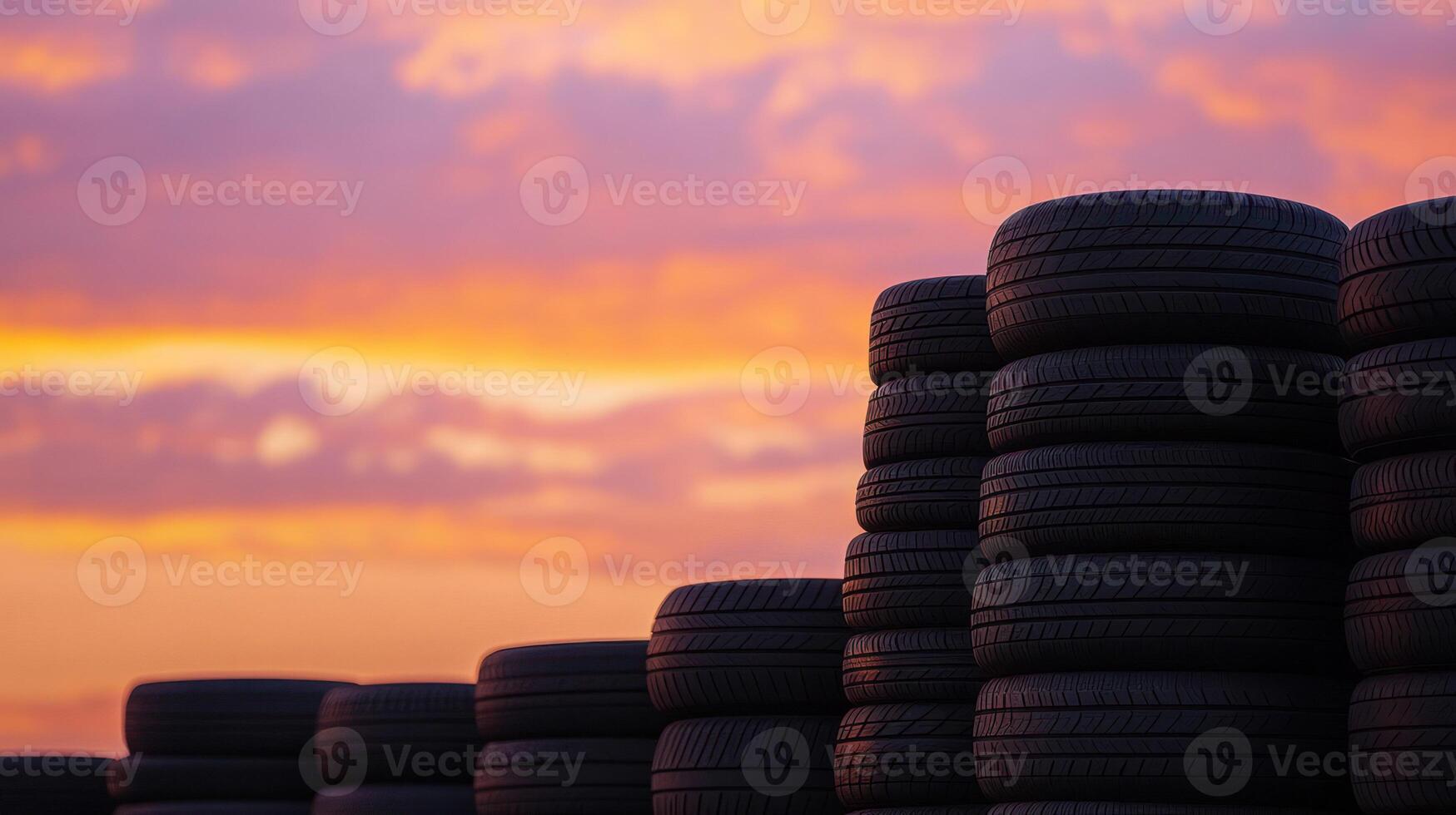 Stacks of tires silhouetted against a dramatic sunset sky. photo