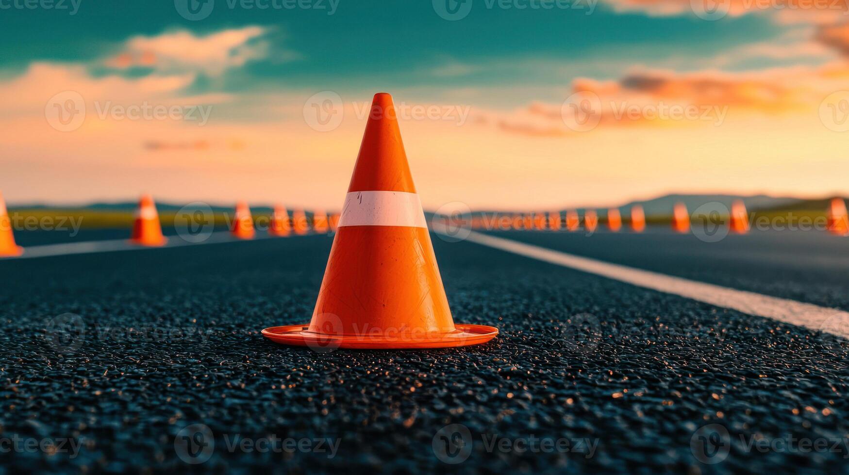 An orange traffic cone on an empty road during a vibrant sunset. photo