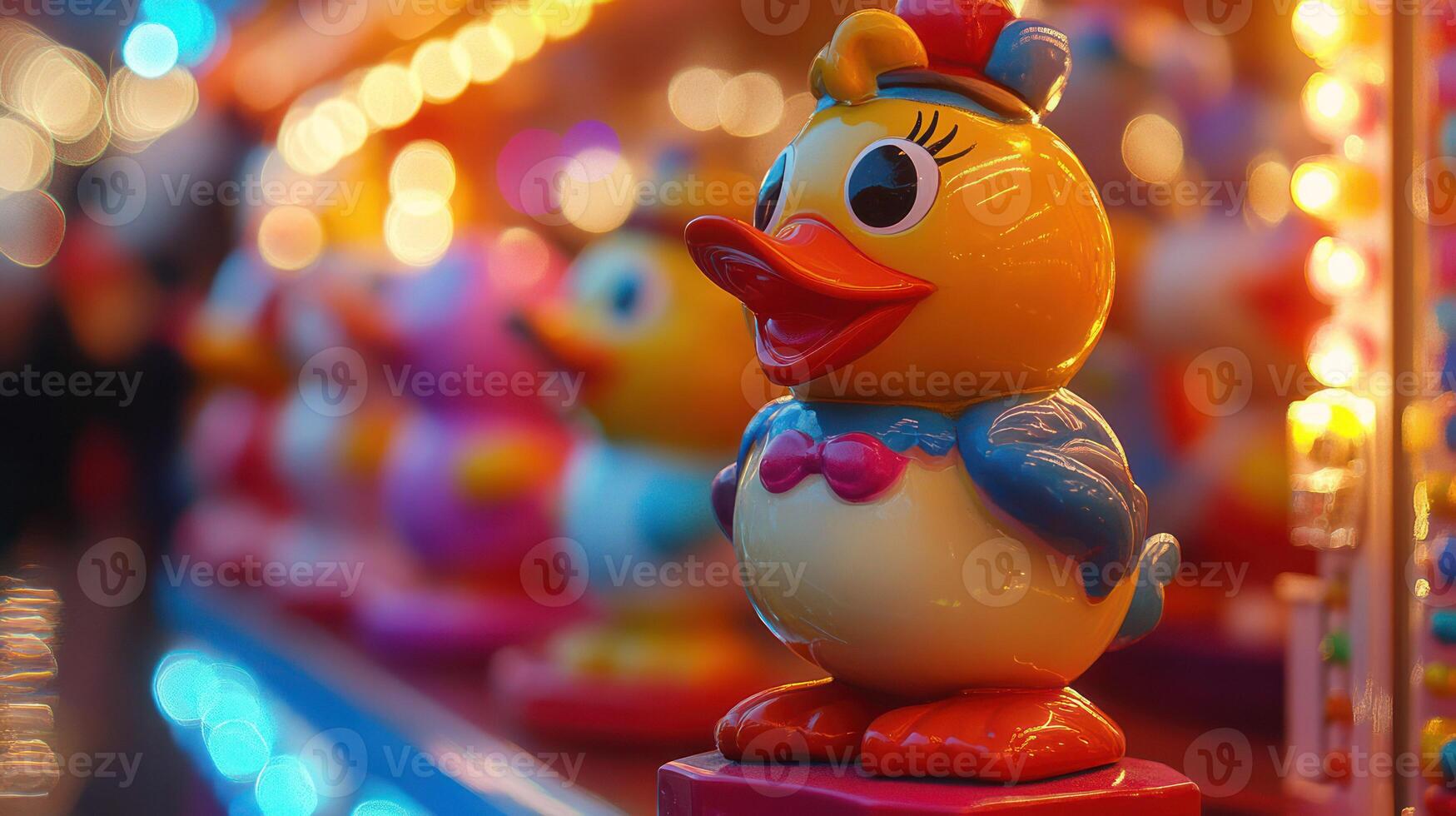 Colorful rubber duck toy at a carnival, radiating playful nostalgia. photo