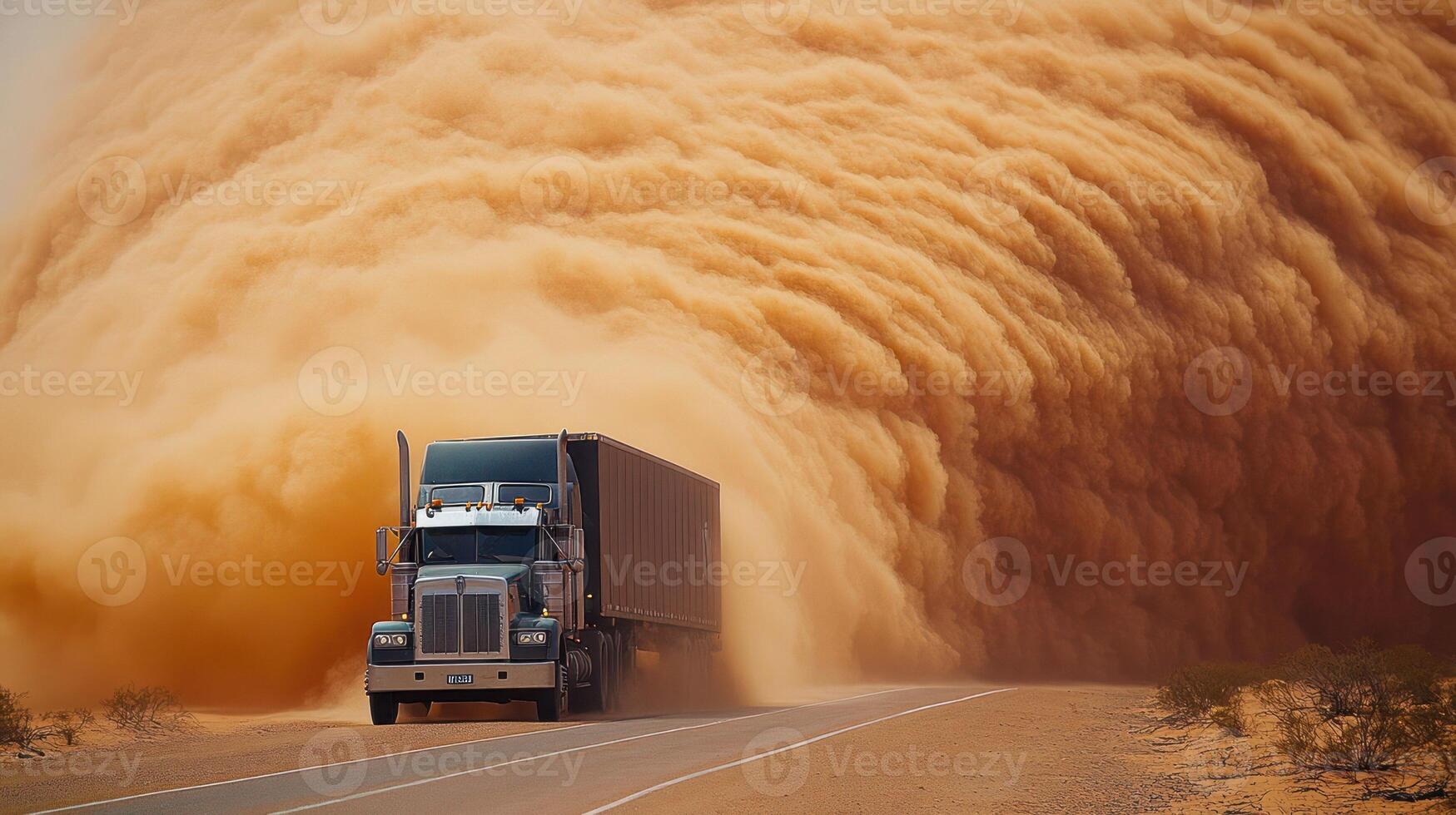 A truck driving through a dramatic dust storm in a desert landscape. photo