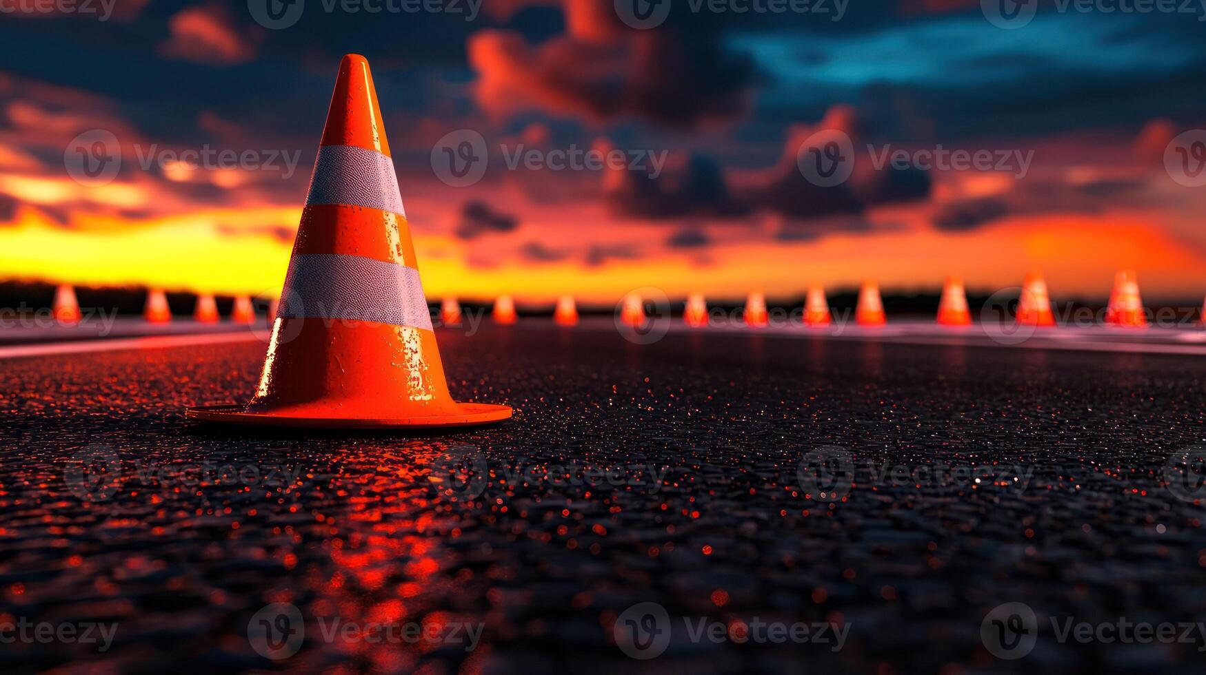 A close-up of traffic cones on a road at sunset, creating a vibrant scene. photo