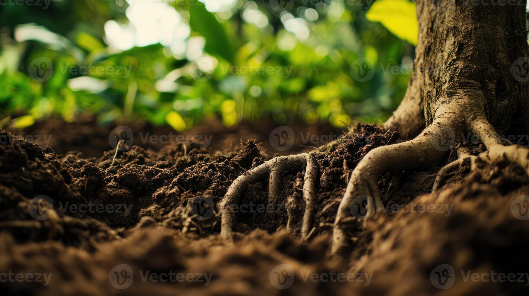 Close-up of tree roots in rich soil surrounded by lush greenery. photo