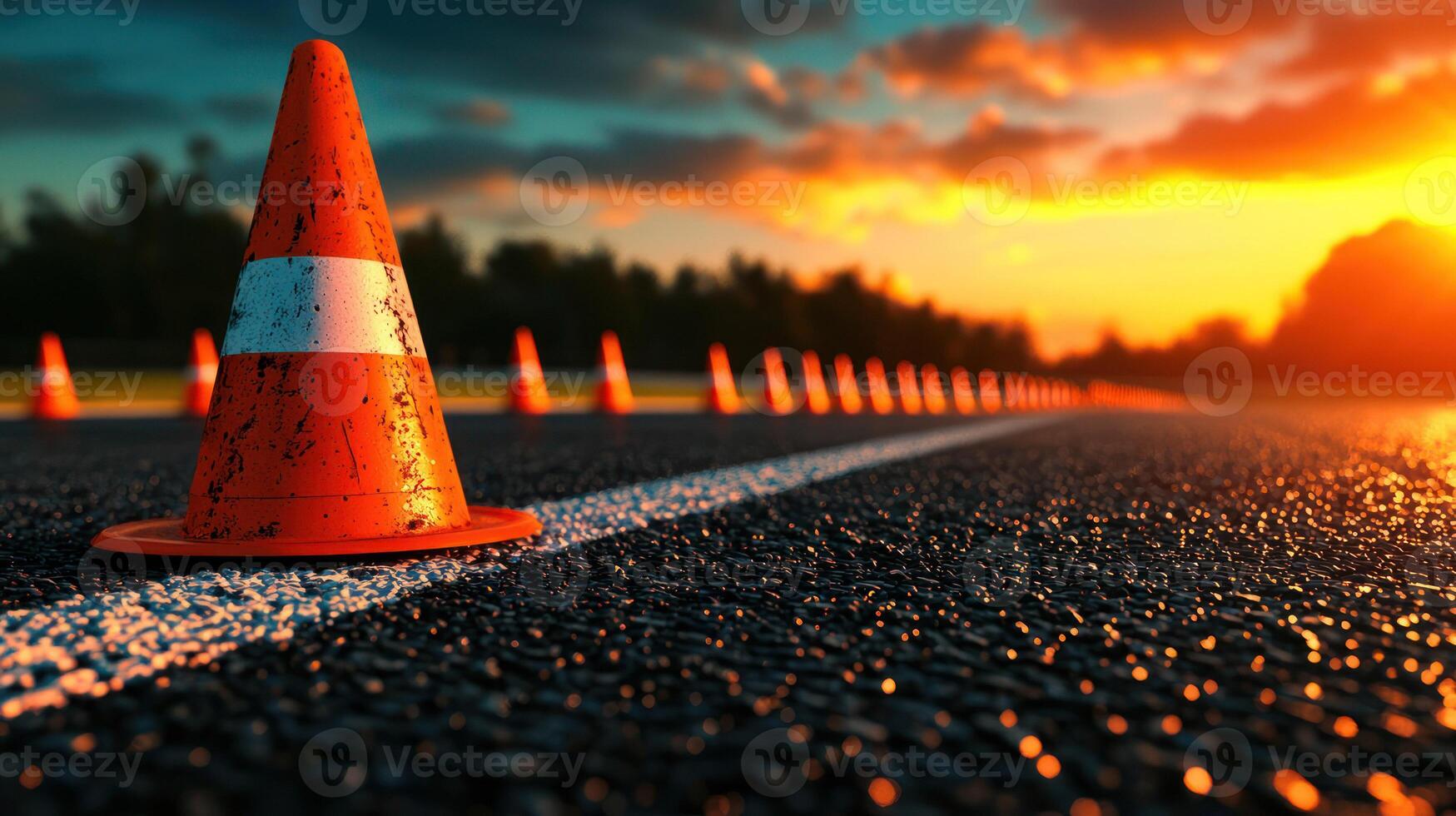 Traffic cones lined along a road at sunset, creating a vibrant scene. photo