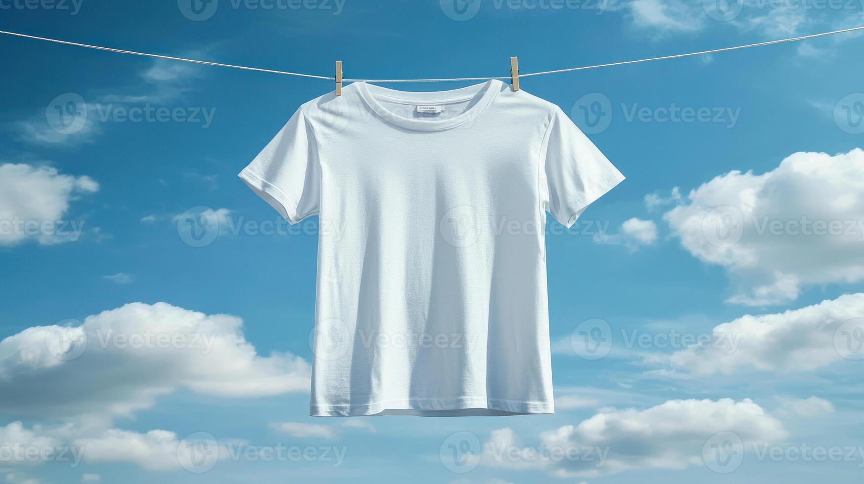 A bright white t-shirt hanging against a clear blue sky. photo