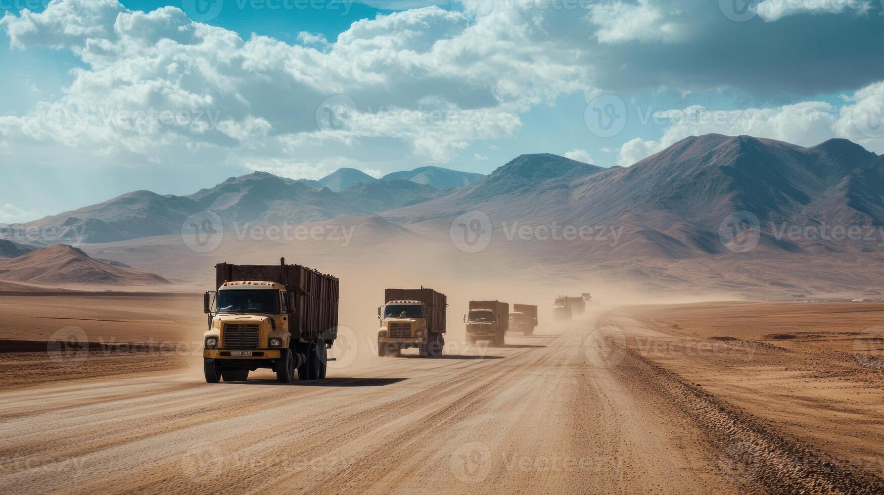 A line of trucks navigating a dusty road through arid mountains. photo