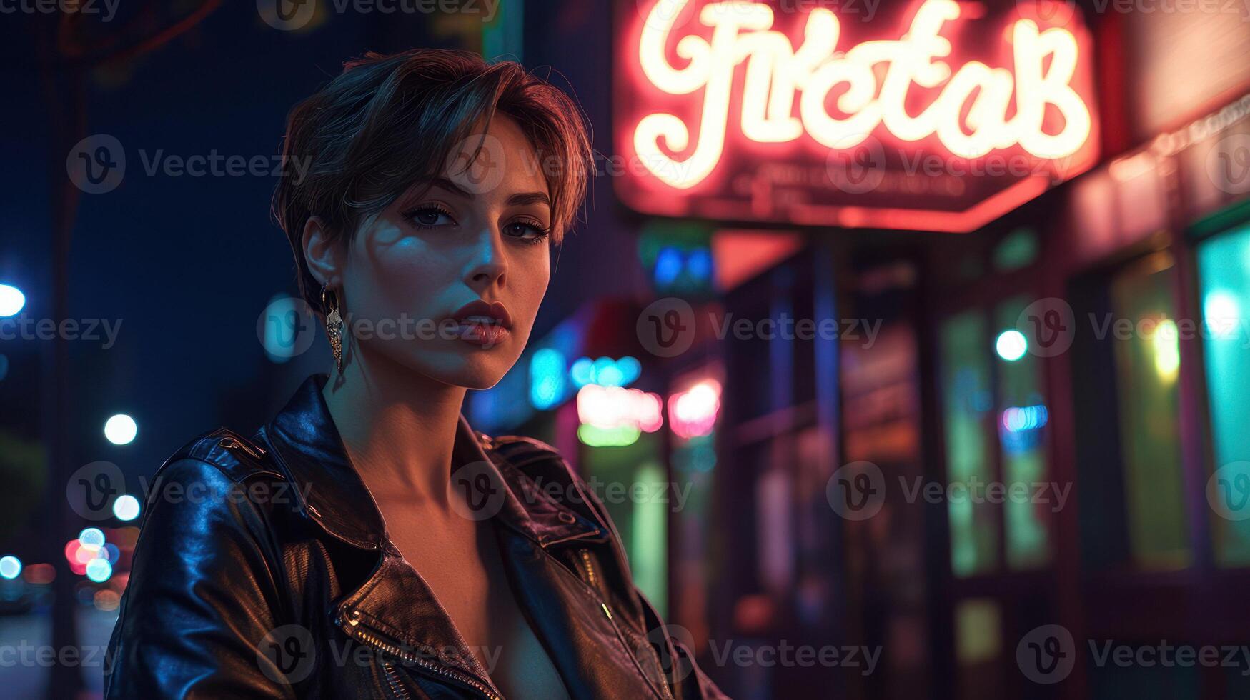 A confident woman in a leather jacket poses against a vibrant neon backdrop. photo