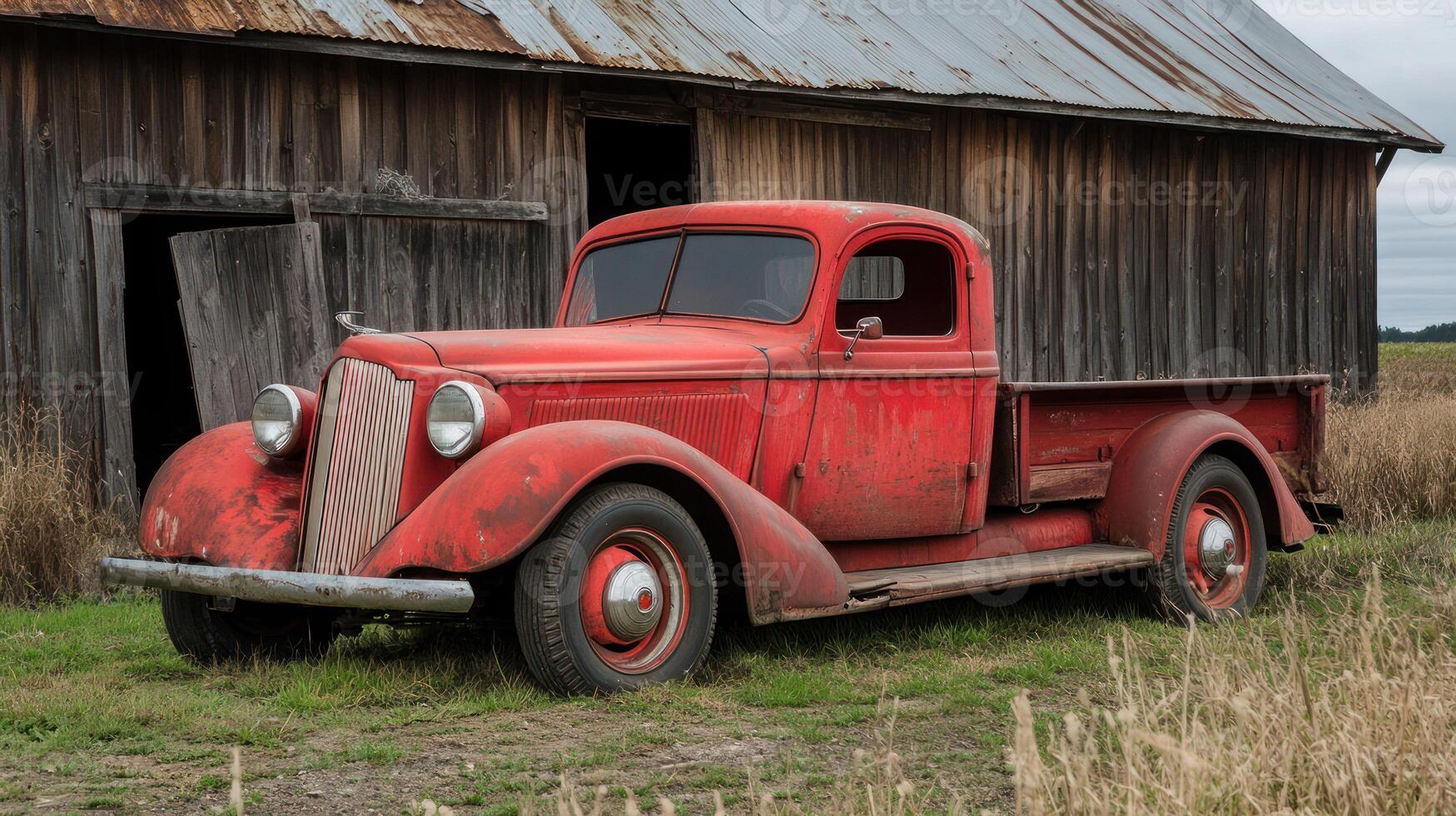 A vintage red truck parked beside a rustic barn in a rural landscape. photo