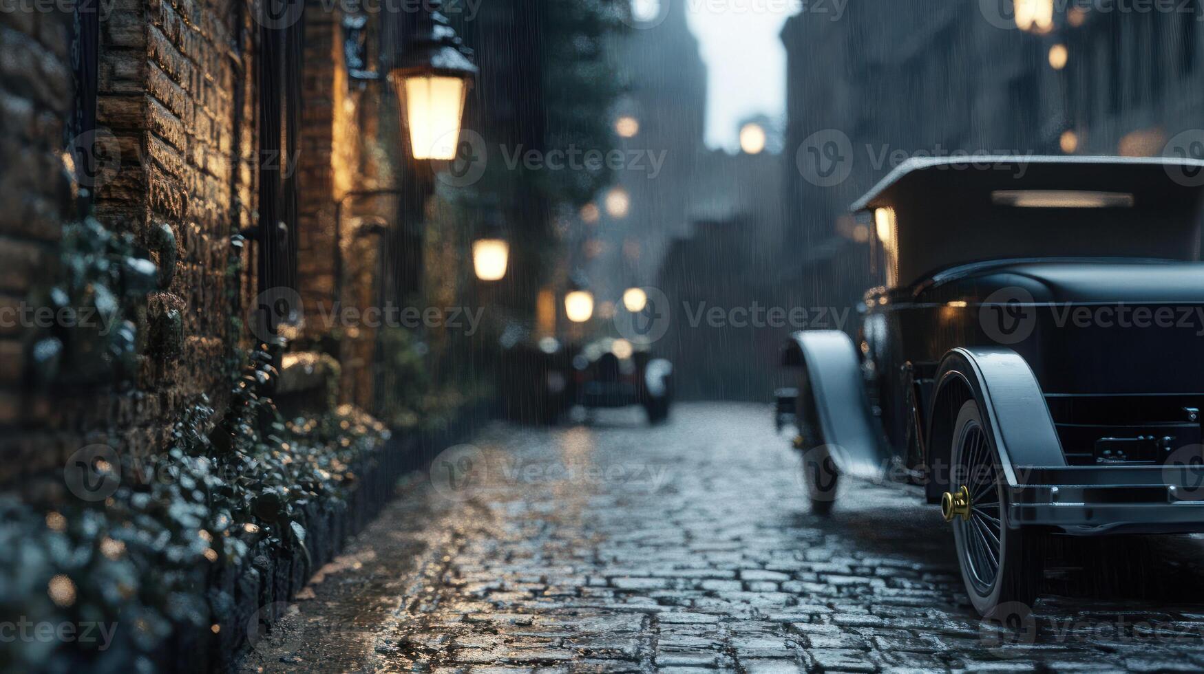 A vintage car on a rain-soaked cobblestone street, exuding nostalgia. photo