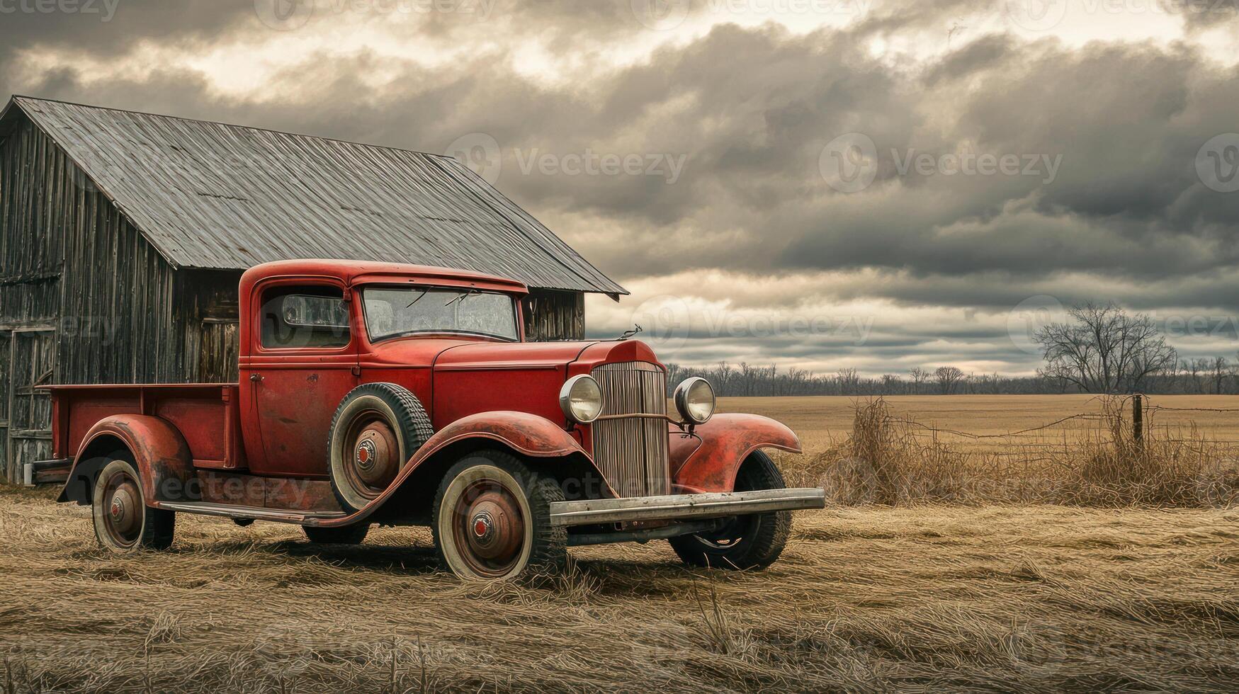 A rustic red vintage truck parked near a weathered barn in a rural landscape. photo