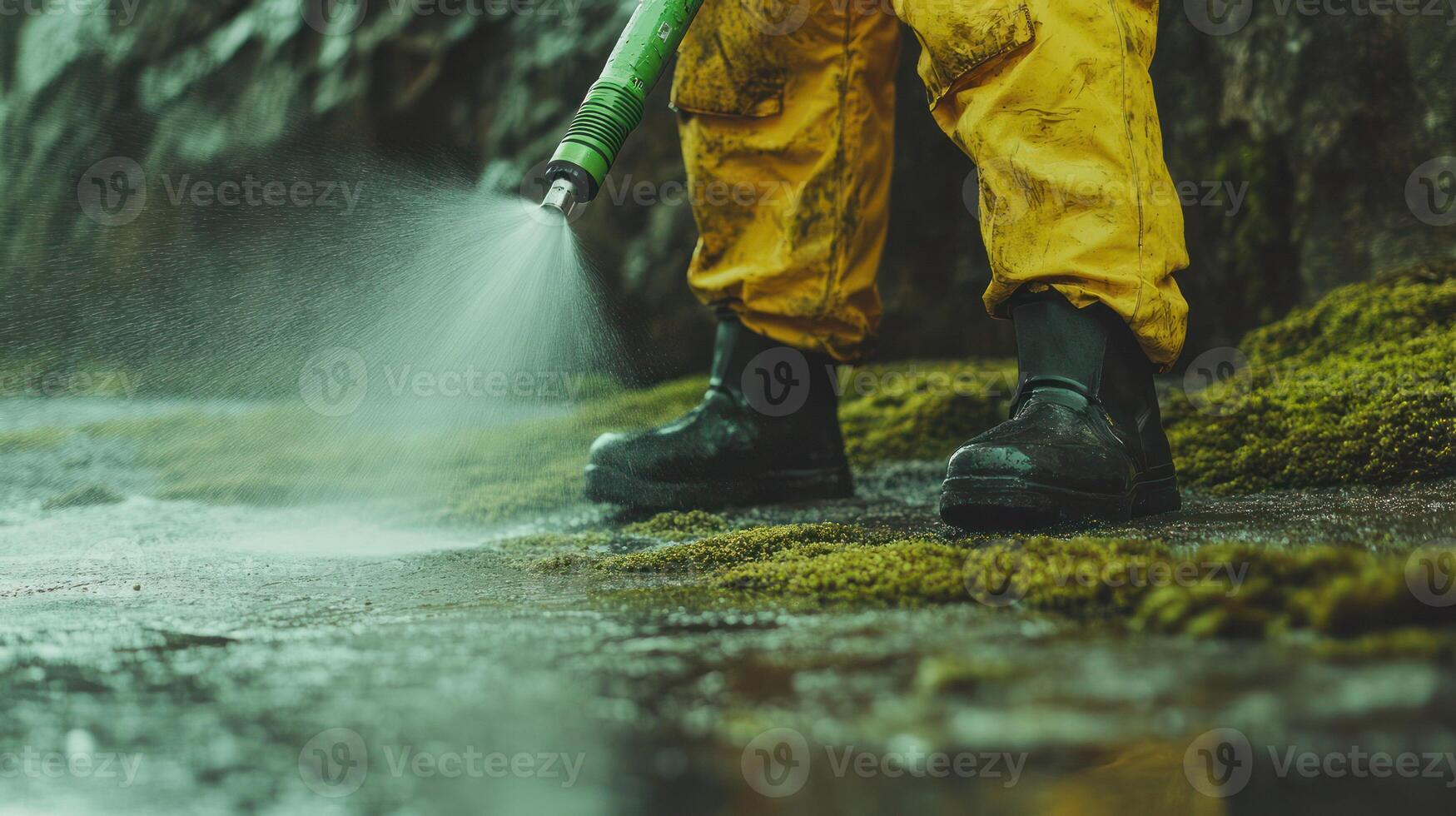 A worker sprays water on a mossy surface with a green hose. photo