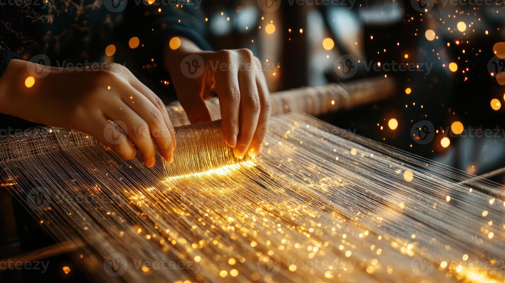 A hands-on weaving process illuminated by sparkling threads. photo