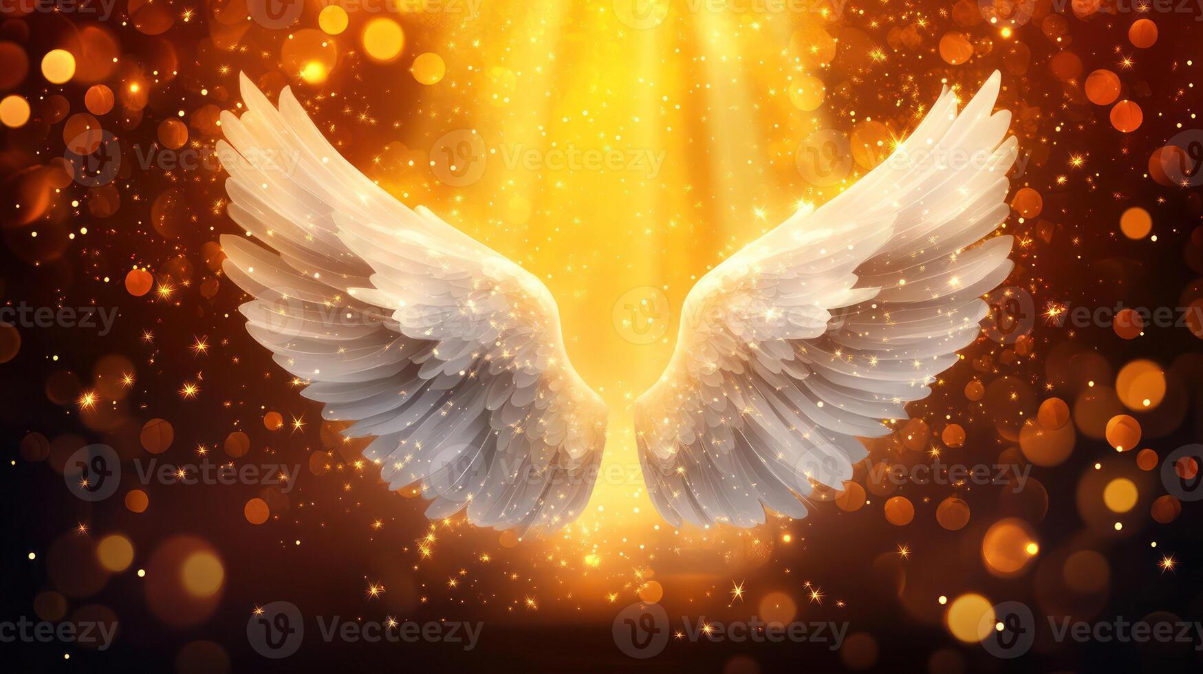 A pair of angelic wings surrounded by a radiant glow and sparkles. photo