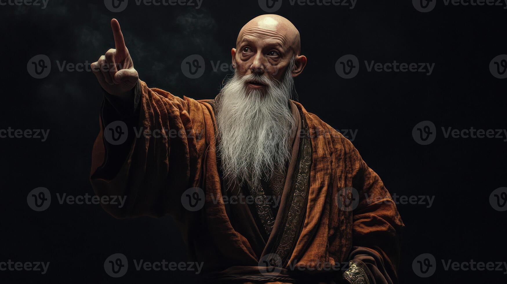 An elder monk gestures gracefully, embodying wisdom and serenity. photo