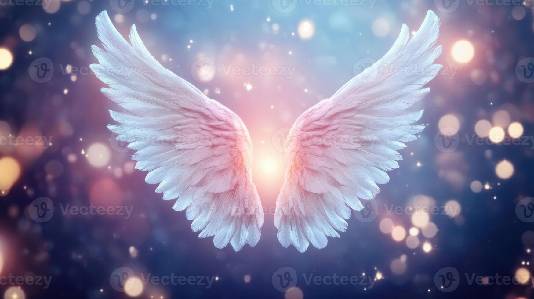 Ethereal angel wings illuminated by soft, glowing lights. photo