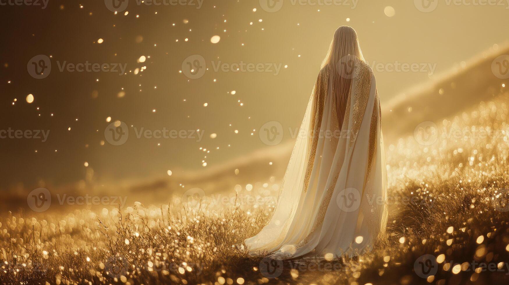 A serene woman in a golden landscape, enveloped in soft light. photo