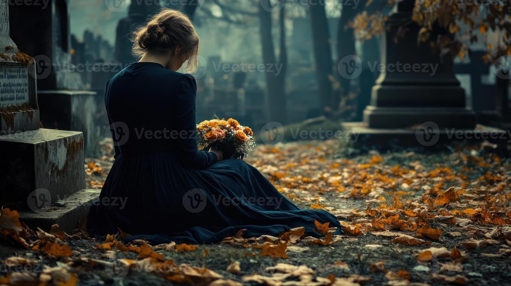 A woman in a dark dress holding flowers in a serene autumn cemetery. photo