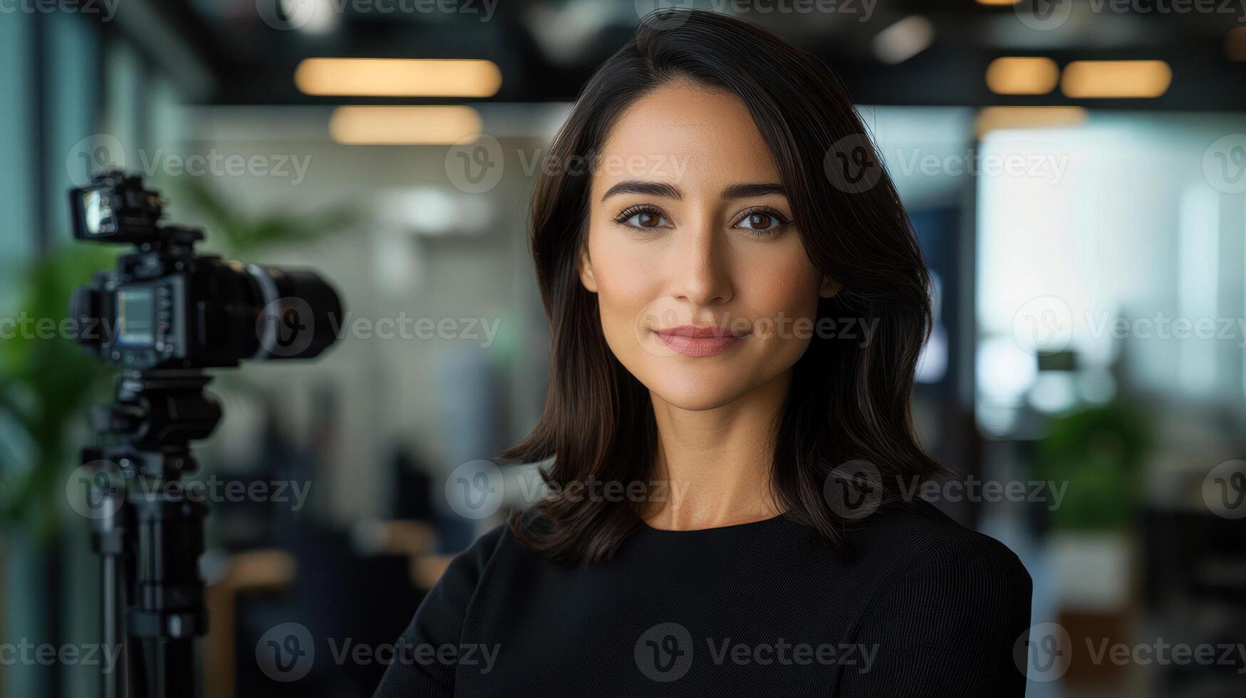 A confident woman in a modern office setting, posing with a camera. photo