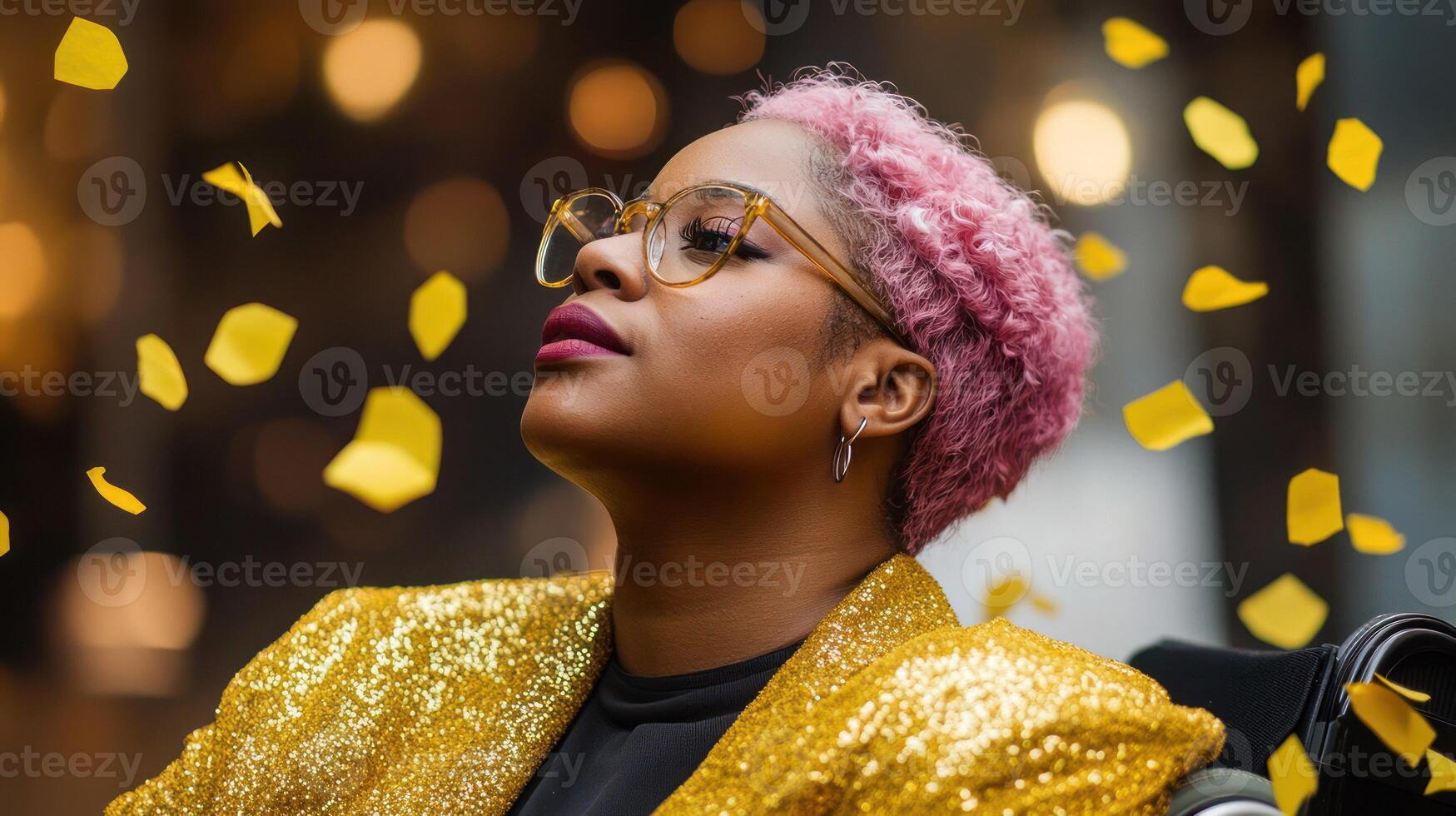 A stylish woman with pink hair and glasses, celebrating under golden confetti. photo