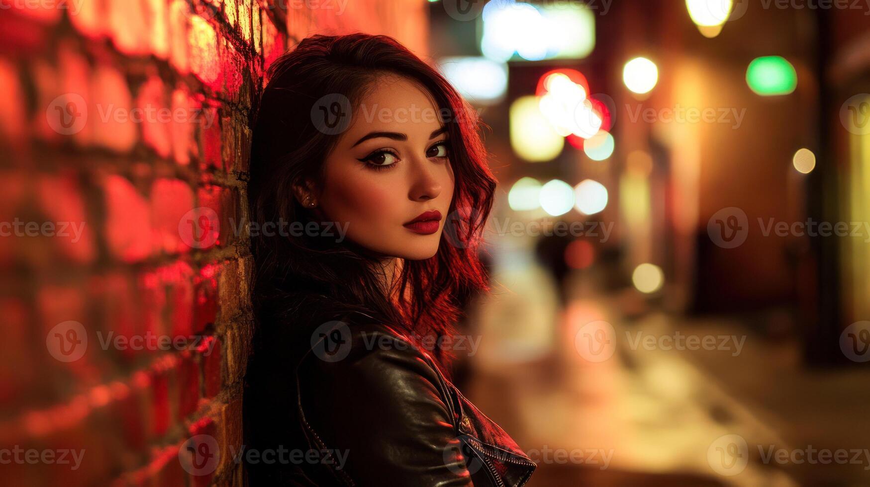 A stylish woman leans against a wall in a vibrant urban nightlife setting. photo