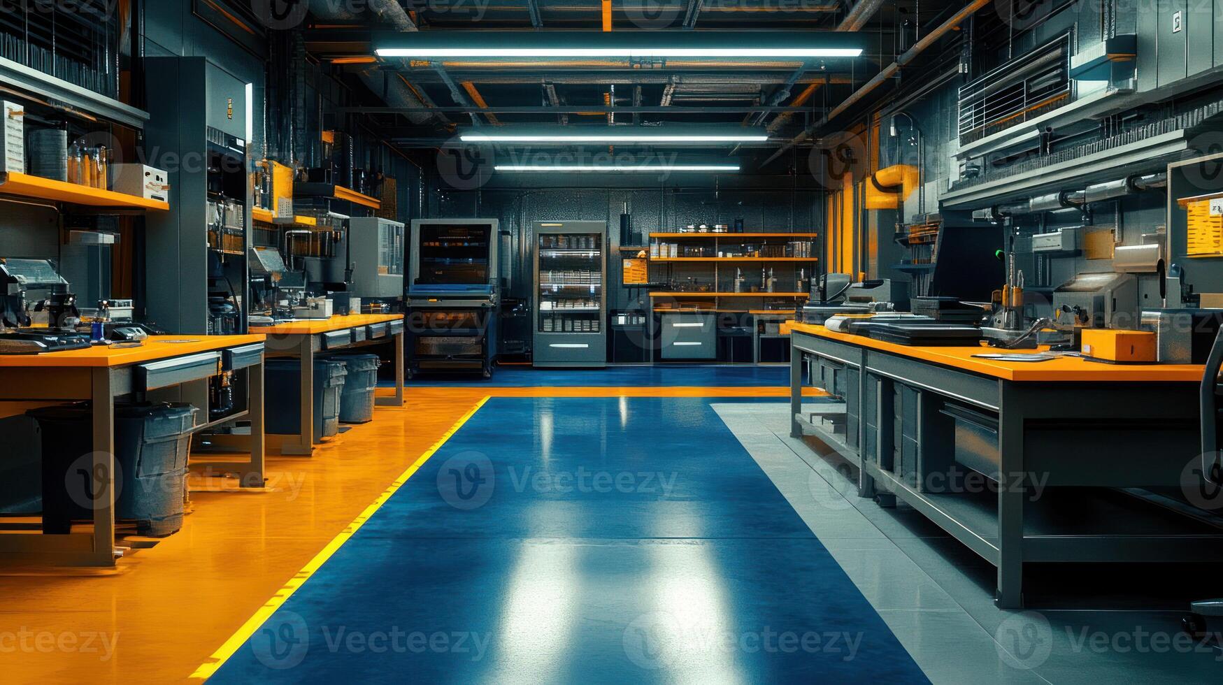 A modern workshop with organized workspaces and bright, industrial lighting. photo