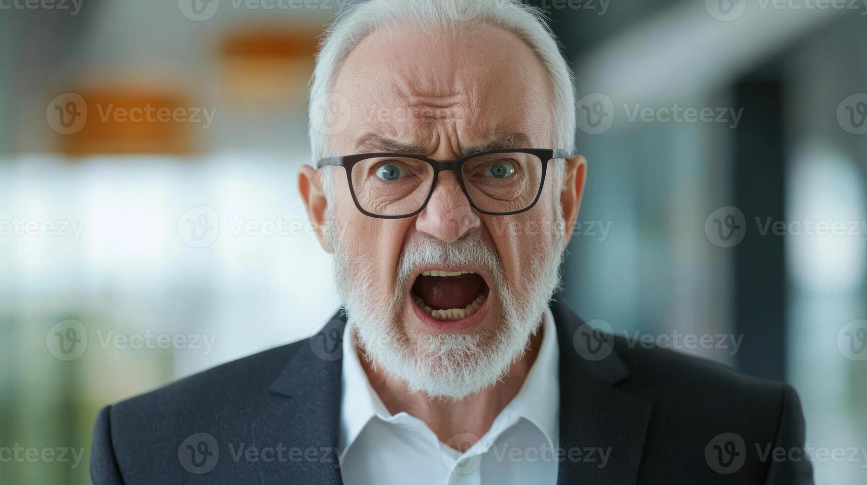 An elderly man in a suit expresses intense anger in an office setting. photo