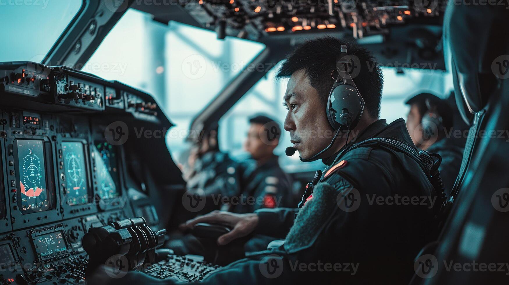 Pilot focused in helicopter cockpit, engaging in flight operations. photo