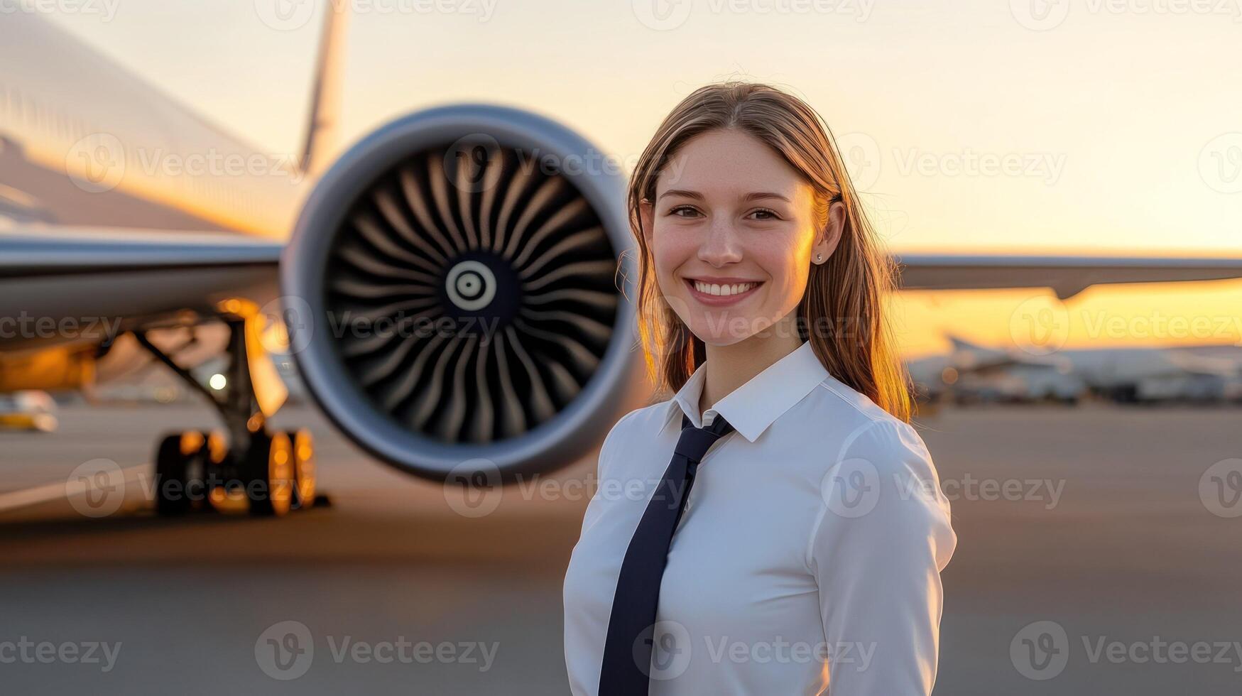A smiling young pilot stands confidently by a plane at sunset. photo
