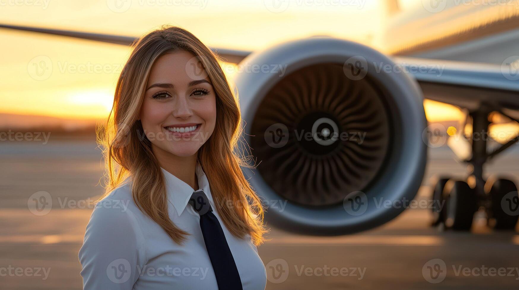 A smiling female pilot stands near an airplane during sunset. photo