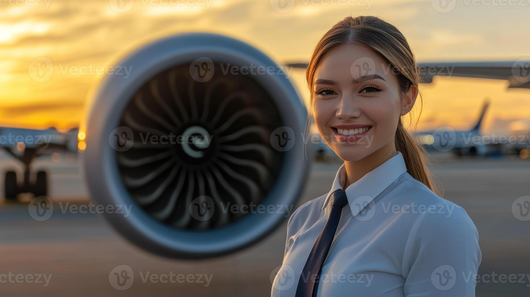 A smiling pilot stands confidently by a jet engine at sunset. photo