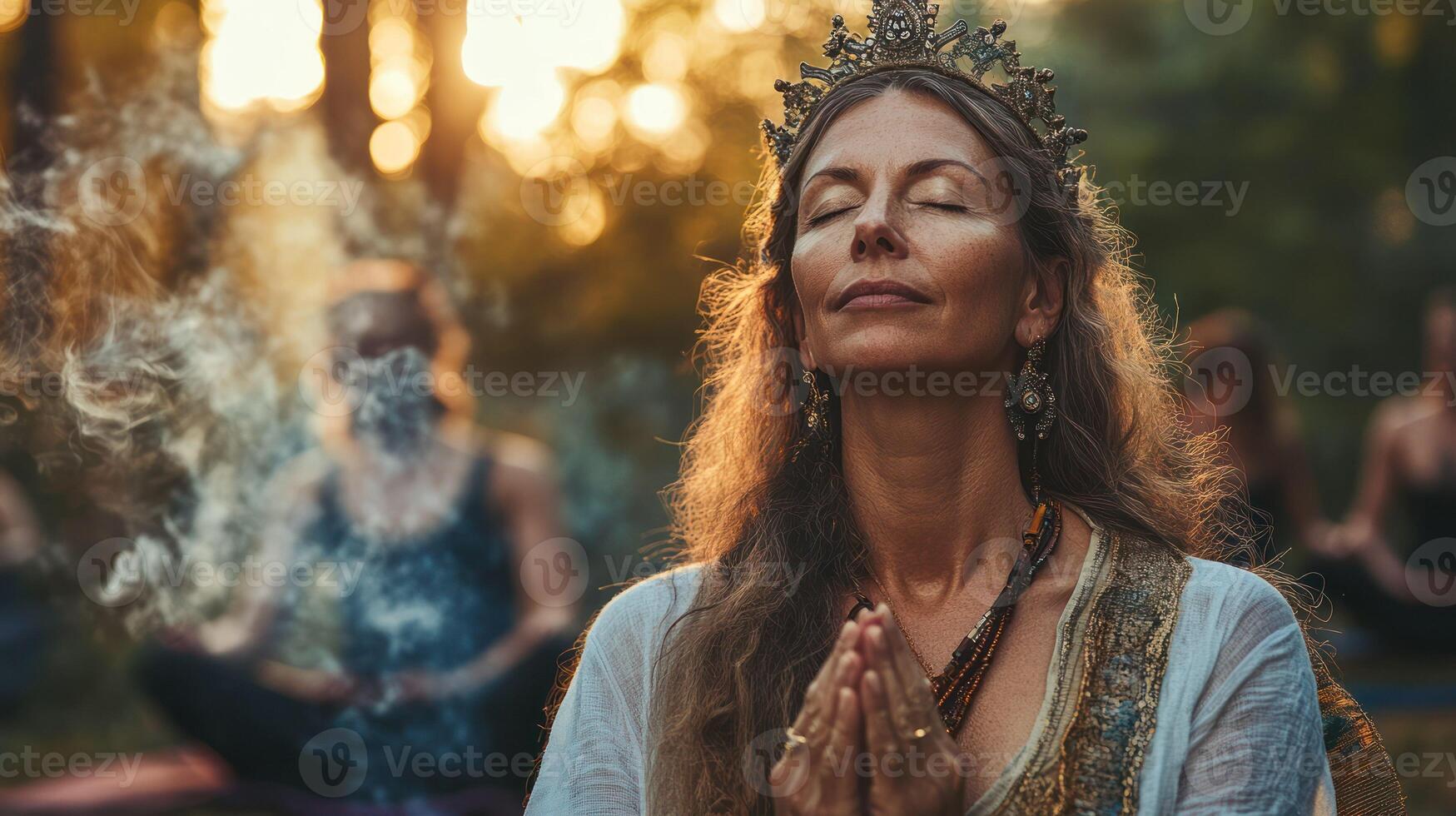 A serene scene of a woman meditating in nature, embodying tranquility. photo