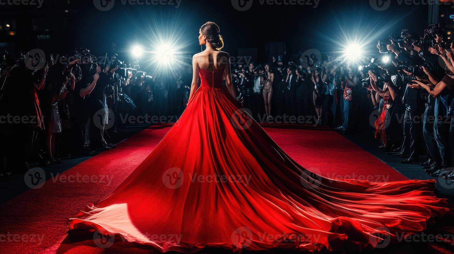A glamorous red carpet scene with a model wearing a stunning red dress. photo