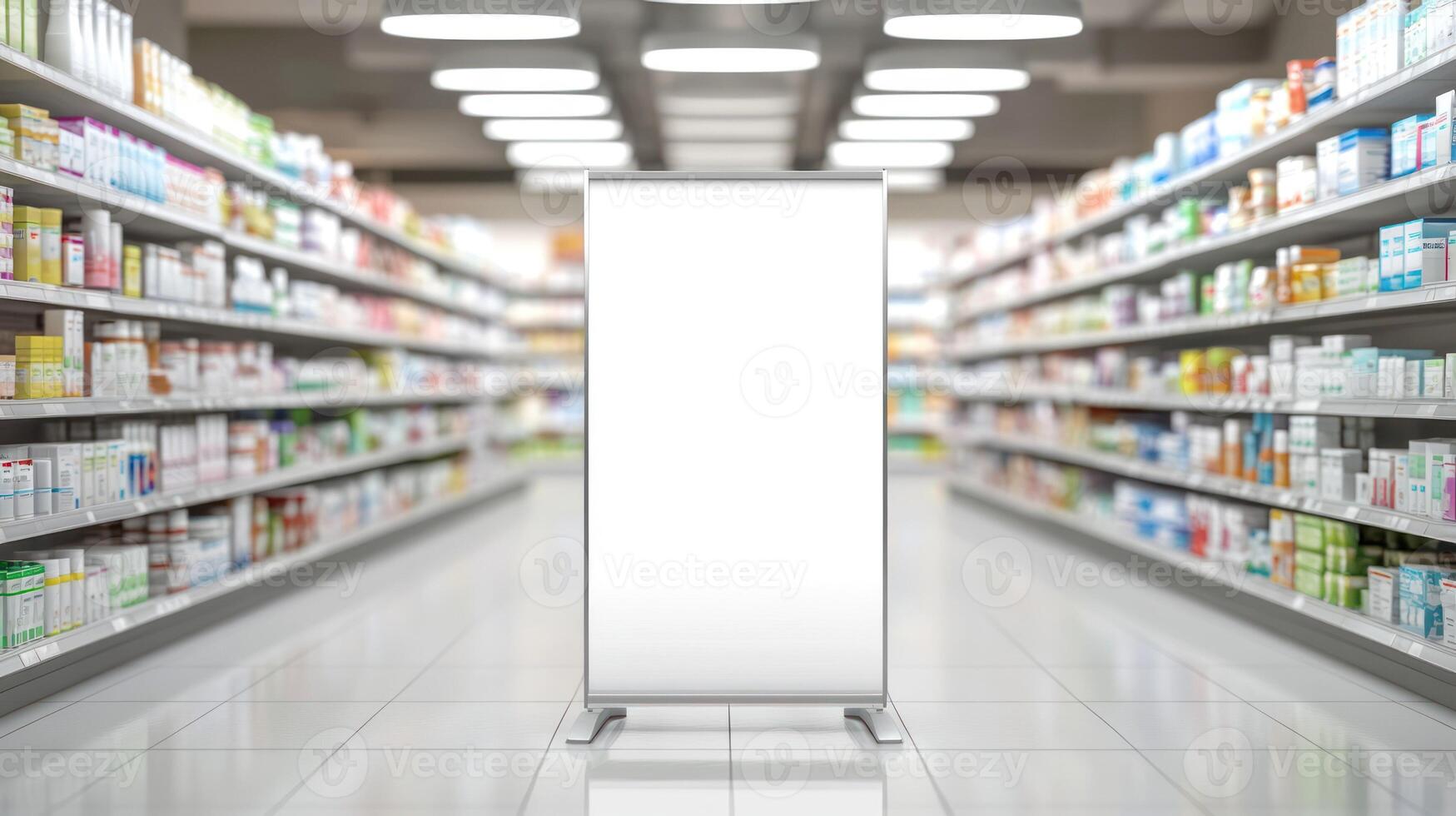 An empty pharmacy aisle with a blank display stand and organized products. photo