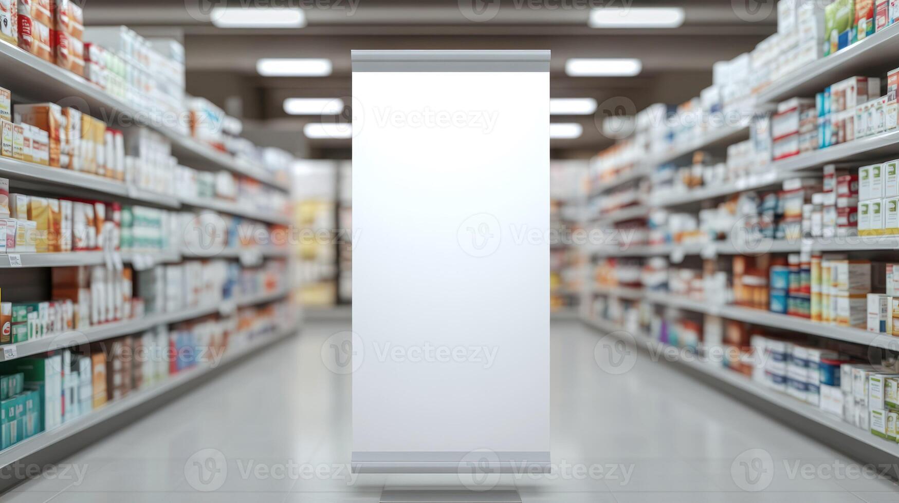 A blank display panel in a pharmacy aisle filled with products. photo