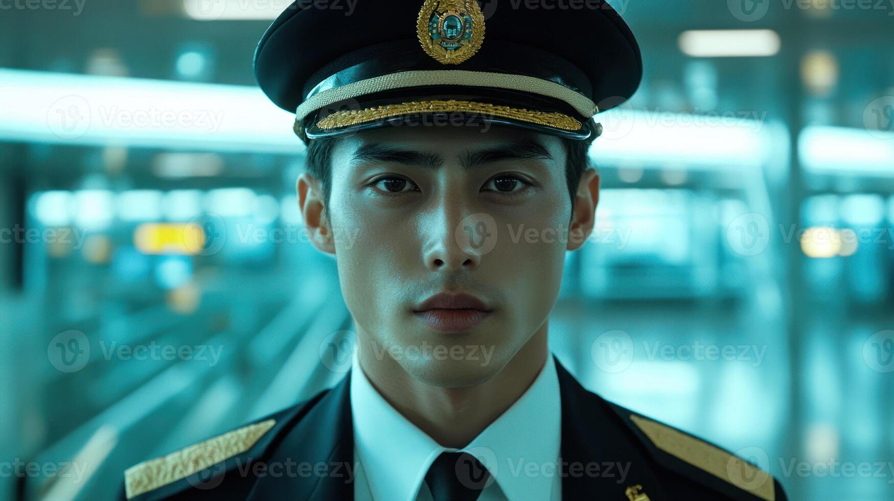 A confident pilot in uniform stands serious at an airport terminal. photo