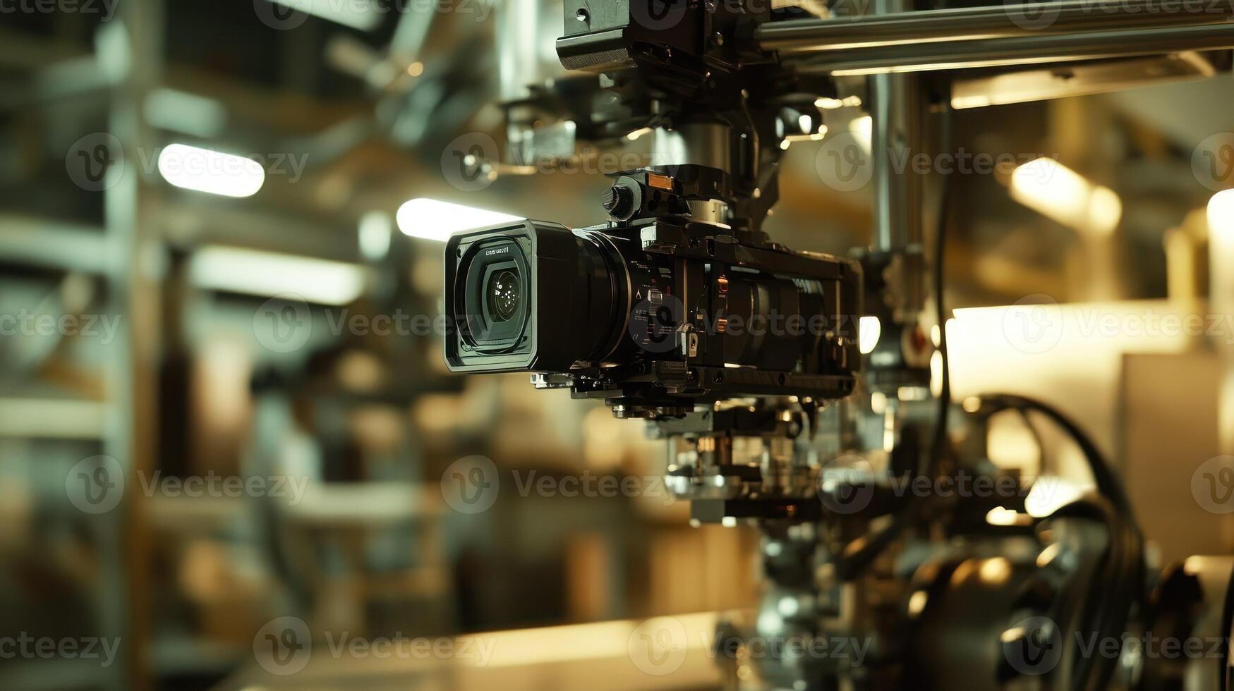 A close up of a camera mounted on industrial machinery in a factory. photo
