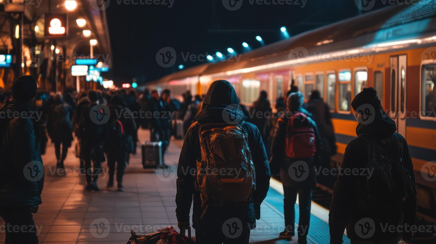 A busy train station at night filled with commuters and vivid lights. photo