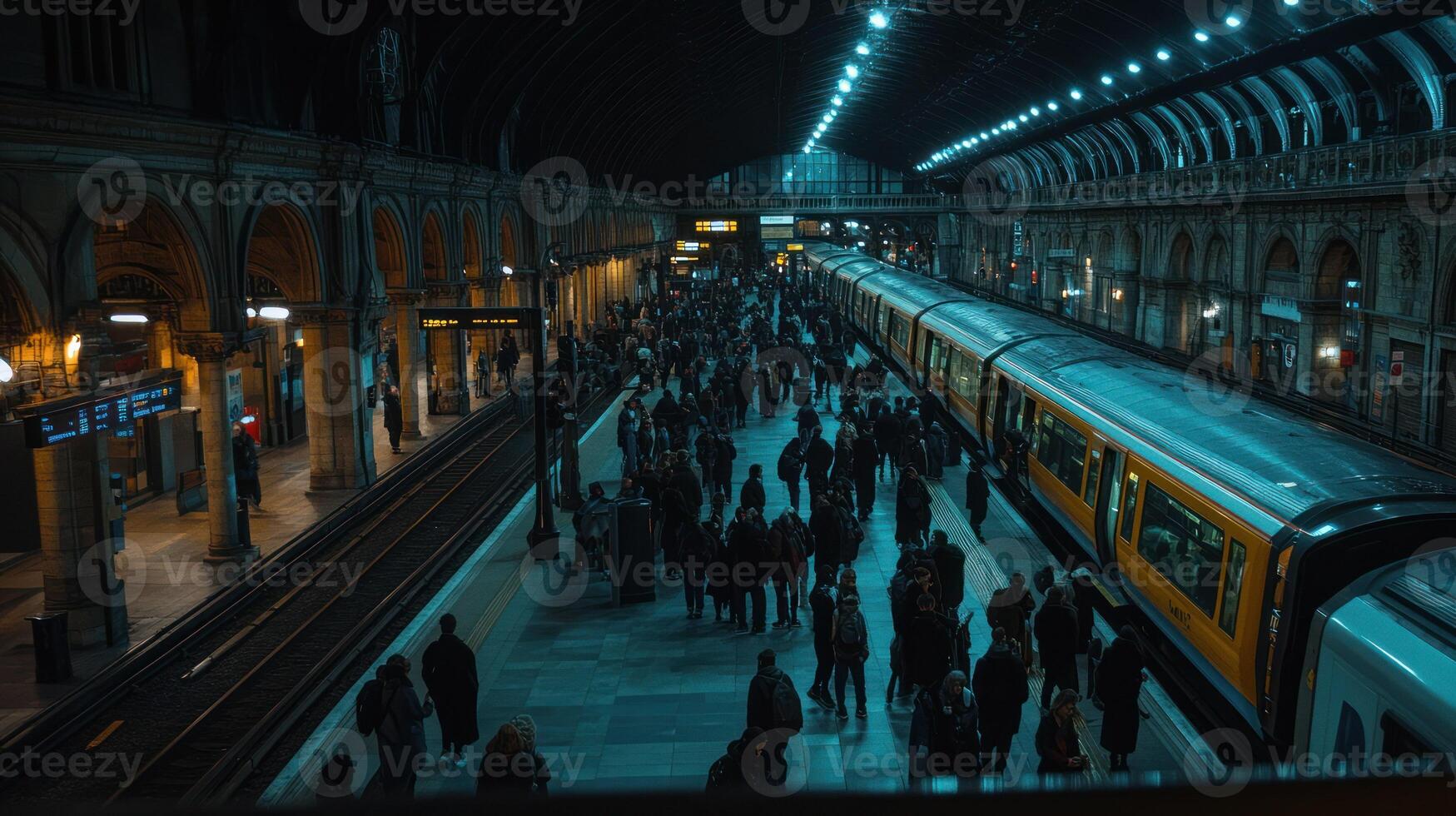 A bustling train station scene filled with commuters at night. photo