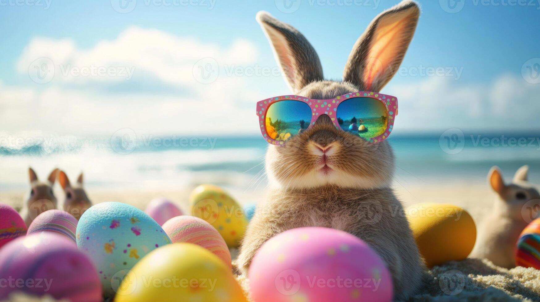 A cheerful rabbit in sunglasses surrounded by colorful Easter eggs. photo