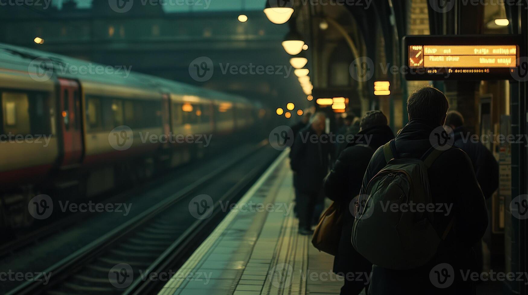 Evening commuters await the train at a bustling urban station. photo